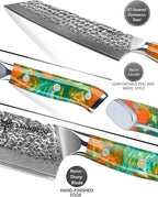 8.5" Kiritsuke Knife - Professional Kitchen Chef Knife - Hammered Damascus Steel & Resin Handle - YAO Series