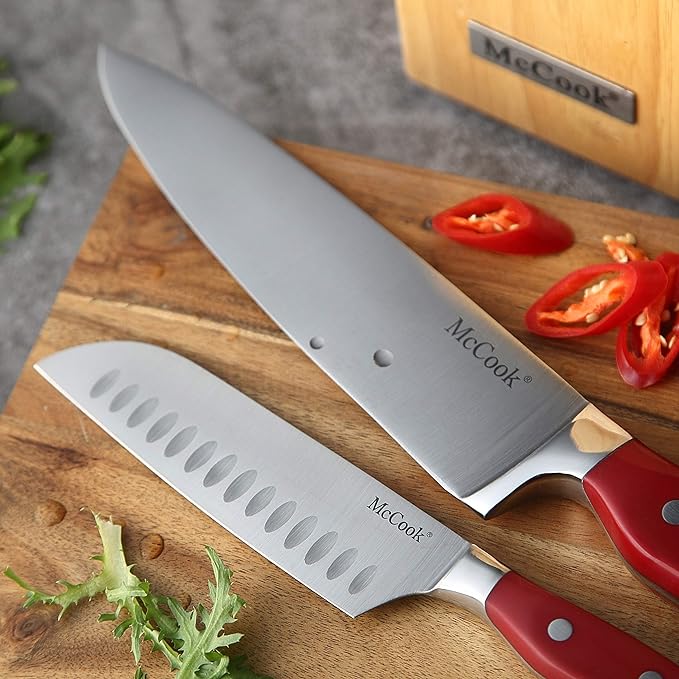 McCook® Stainless Steel Kitchen Knife Sets with Wooden Block, Kitchen Scissors and Built-in Sharpener, Red