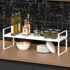 Expandable Kitchen Cabinet Shelf Organizers, Stackable Metal Pantry Storage Shelves Rack, Adjustable Counter Spice Shelf for Cabinets, Countertop, Cupboard Organizers and Storage, White