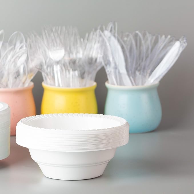 PLASTICPRO Round Plastic Bowls Microwaveable, Disposable, White, Dinnerware (100, 16 ounce)