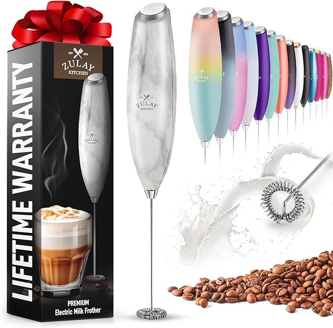 Zulay Powerful Milk Frother for Coffee with Powerful Motor - Handheld Frother Electric Whisk, Milk Foamer, Mini Mixer & Coffee Blender Frother for Frappe, Latte, Matcha, No Stand - Marble