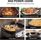 6-Quart Electric Skillet with Grill | Non-Stick PFOA-Free Ceramic-Coated Pot, 1600W, Timer & 3 Power Settings for Steak, Egg, Ramen (Includes Grill Tongs) Pot & Grill