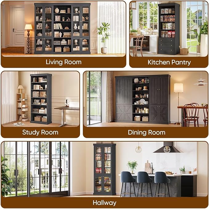 70.8" Tall Farmhouse Bookshelf with Glass Doors, Modular Bookcase with 6-Tier Adjustable Shelves, Large Storage Cabinet for Kitchen, Living Room, Black, Set of 3