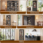 70.8" Tall Farmhouse Bookshelf with Glass Doors, Modular Bookcase with 6-Tier Adjustable Shelves, Large Storage Cabinet for Kitchen, Living Room, Black, Set of 3