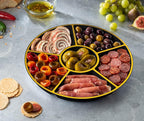 PLASTICPRO 6 Sectional Round Plastic Serving Tray/Platters Black & Gold Pack of 2