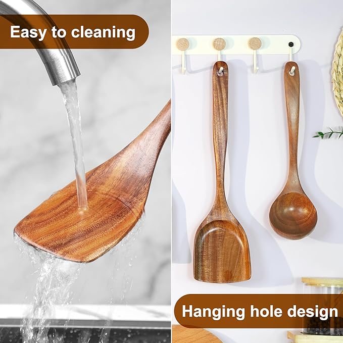 FJNATINH 10 PCS Wooden Spoons for Cooking - Teak Wooden Kitchen Utensil Set - Cooking Mixing Baking - Non-stick Healthy Kitchen Cookware Gifts for Women Housewarming Gifts