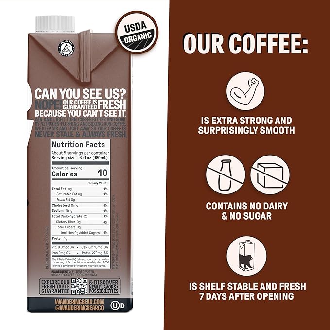 Wandering Bear Espresso Roast Organic Cold Brew Coffee - Extra Strong Bold, Smooth, No Sugar Added, Shelf-Stable, Ready to Drink, 100% Organic Iced Cold Brewed Coffee Drink - 32 fl oz, 6 pack