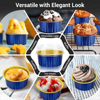 EUSOAR Disposable Ramekins with Lids, Royal Blue 50pcs 5oz Creme Brulee Ramekins Disposable, Muffin Liners Cups，Mini Cheesecake Foil Pans Dessert Containers with Lids for Party Favor Birthday