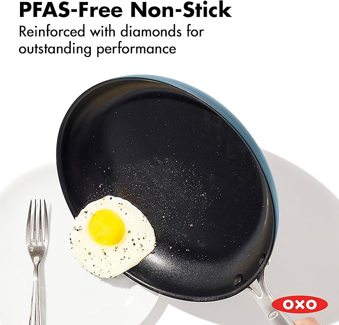 OXO Enhanced 12” Nonstick Frying Pan Skillet with Lid, Ceramic PFAS-Free Cookware, Stainless Steel Handle, Eggs & Omelets, Dishwasher & Oven Safe, Storm Blue