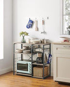 VASAGLE ALINRU Kitchen Baker’s Rack, Coffee Bar, Microwave Oven Stand, with Steel Frame, Wire Basket, 6 Hooks, for Mini Oven, Spices Utensils, Industrial, Greige and Black UKKS090B02