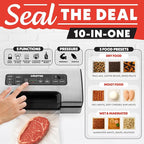 Gourmia Vacuum Sealer – Food Preservation System with Marinate Mode, Pulse Control, LED Display, Built-In Cutter, Gentle & Normal Vacuum Options, Stainless Steel