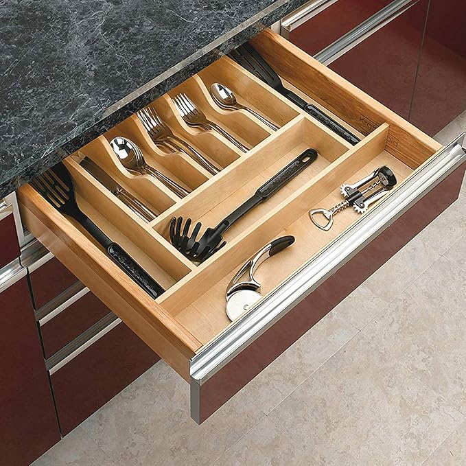 Rev-A-Shelf Trim-to-Fit Silverware Drawer Organizer for Kitchen Utensil Cutlery Cabinet Storage, Natural Maple Wood 9 Compartment Tray Insert 4WCT-3SH