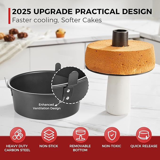 HONGBAKE Angel Food Cake Pan with Removable Bottom, 10 Inch Tube Pan, Nonstick Pound Cake Pans for Baking, Chiffon Cake Mold, 16-Cup, Heavy Duty - Dark Grey