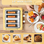 BUYDEEM DT640 Retro 4 Slice Toaster, 7 Shade Settings, Extra Wide 1.5'' Slots, Stainless Steel Toaster with Bagel Muffin Defrost Reheat Function, Yellow