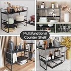 Expandable Cabinet Countertop Shelves 16.5-27’’L, Adjustable Metal Spice Rack Organizer, Stackable Kitchen Counter Storage Shelves Organizers for Cabinet Organization, Black