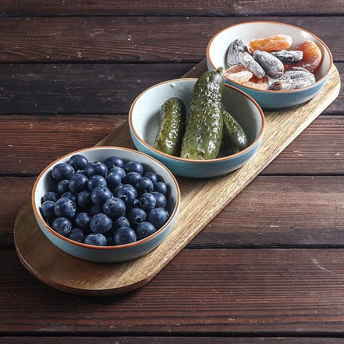 Artena 6oz Turquoise Solid Ceramic Chips and Dip Serving Platter with Acacia Wooden Tray, 4.5inch Glazing Small Serving Bowls/Dipping Dishes for Condiments,Side Dishes, Dipping, Pre, Dessert, Salsa