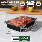 32oz Meal Prep Containers [50-Pack], Reusable Bento Box with Easy-Snap Leakproof Lids - Microwave, Dishwasher & Freezer Safe Food Storage, BPA-Free Plastic Lunch Containers (Black)