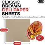 Brown Deli Paper Sheets, 12" x 12" (50 pcs.) - USA-Made Premium Food Basket Liners - PFAS-free Grease Resistant Deli Paper Sheets for Food, Snack & Baking Wrap, Picnic & Party by IDL Packaging