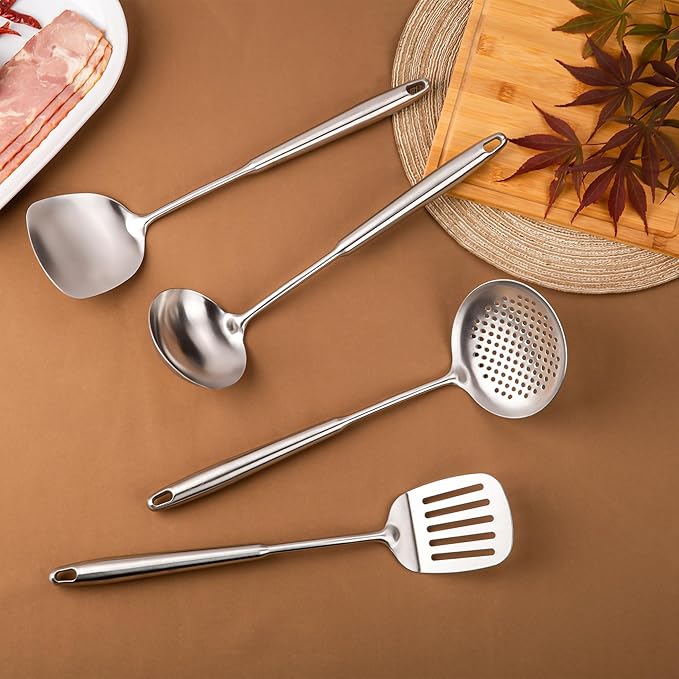 FJNATINH 4-Pieces 304 Stainless Steel Wok Spatula Set,Cooking Utensil Set,Soup Ladle Colander,Nonstick Kitchen Cooking Utensils Set with Spatula,Kitchenware Tools