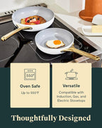 Caraway Ceramic Nonstick Fry Pan Set with Glass Lids – Includes Two 10.5” Fry Pans, One 8” Fry Pan, & Three Lids - Non Toxic, PTFE & PFOA Free - Oven Safe & Compatible with All Stovetops - White