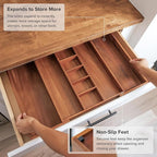 KitchenEdge Adjustable Kitchen Drawer Organizer for Utensils and Junk, Food-Safe Contract Grade with 100% Sustainable Wood, Non-Slip, Expandable from 16" to 28" Wide - Natural Acacia