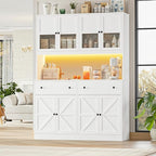 FINETONES 71" Pantry Cabinet with LED Light and Charging Station, Farmhouse Kitchen Pantry Cabinet with Microwave Stand, 47.2" Wide Kitchen Hutch Food Pantry with Open Countertop, White