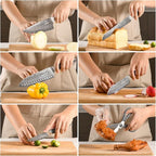 NF NANFANG BROTHERS Damascus Kitchen Knife Set, 7-Piece with Block, ABS Ergonomic Handle, Carving Fork, Disconnect-type Knife Block (Grey)