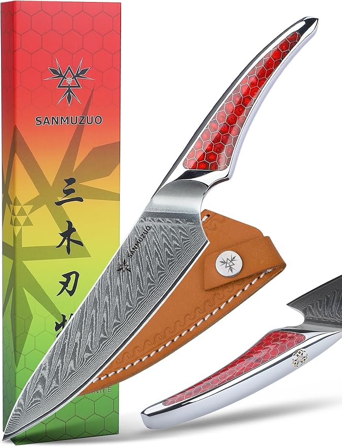 5 inch Utility Knife, Japanese VG-10 Damascus Steel Kitchen Knife, Ultra Sharp Fruit Knife with Full-tang Handle in Red Resin, LA-S9 Series