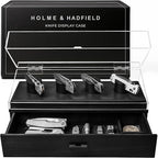 Premium Pocket Knife Display Case for 10 Knives - Wooden Knife Organizer, Storage & Holder with Unique Pillars, Hinged Cover, Drawer - Knife Collection Box - Handcrafted for Men