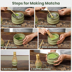 Matcha Whisk Set 7pcs, Japanese Macha Making Kit - 17oz Bowl with Spout, Bamboo Whisk, Chasen Holder, Scoop, Scoop Rest, Stainless Steel Sifter & Towel, Tea Gift Tools for Starter & Enthusiasts, Green