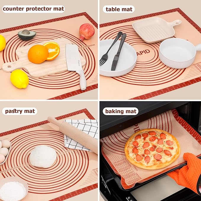 Sapid Extra Thick Silicone Pastry Mat Non-slip with Measurements for Non-stick Silicone Baking Mat Extra Large, Dough Rolling, Pie Crust, Kneading Mats, Countertop, Placement Mats (20" x 28", Red)