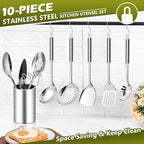 E-far Cooking Utensils Set, 10-Piece Stainless Steel Kitchen Utensils with Holder, Metal Heat Resistant Kitchen Cookware Tool Spatula Set for Cooking, Easy Clean & Dishwasher Safe