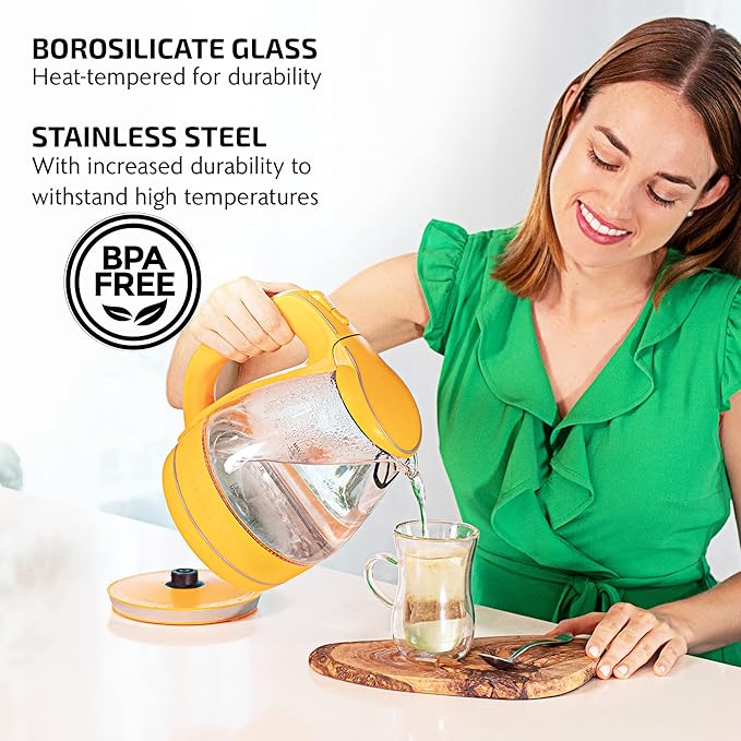 OVENTE Electric Kettle, 1.5L Borosilicate Glass Countertop Water Heater and Boiler for Coffee or Tea, BPA-Free, Auto Shut-Off, Boil-Dry Protection, Removable and Washable Spout Filter, Orange KG83O