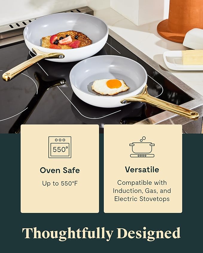 Caraway Nonstick Ceramic Frying Pan With Glass Lid (2.7 qt, 10.5") - Non Toxic, PTFE & PFOA Free - Oven Safe & Compatible with All Stovetops (Gas, Electric & Induction) - White