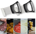 Stainless Steel Onion Slicer Holder – Multi-Purpose Kitchen Safety Tool for Onions|Potatoes|Tomatoes|Apples|Lemons Slicing, Ergonomic ABS Handle, Easy Clean, Uniform Slices, 2 PACK