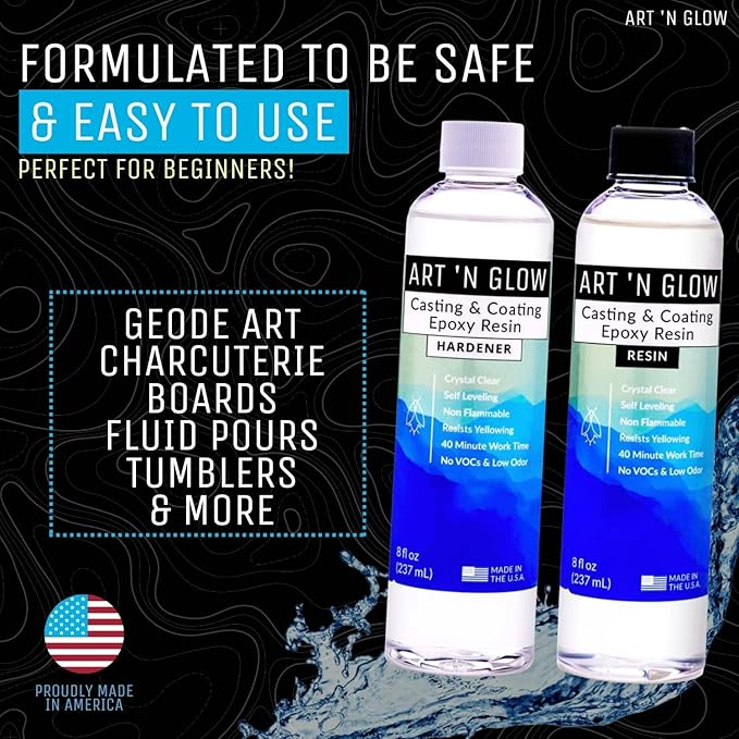 Art 'N Glow Epoxy Resin 32 oz Kit - Crystal Clear, UV Resistant, Self Leveling, Food Safe for Table Top, Arts & Crafts, Wood, Casting, Jewelry Making, Use with Mica Powder, Silicone Molds, Alcohol Ink