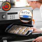 NutriChef 6-Piece Baking Pan Set - Carbon Steel Stackable Bakeware with Blue Silicone Handles & Nonstick Coating, Includes Cookie Sheets, Roaster Pan with Lid, Loaf Pan, and 12 Cup Muffin Pan (Gray)