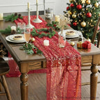 Artoid Mode 6PCS Red Gold Gauze Table Runner 120 Inch 10FT, Glitter Metallic Foil Sheer Dining Wedding Anniversary Holiday Table Decor for Home Party