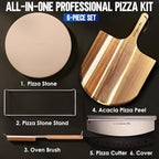 KitchenStar 16-inch Pizza Making Set, 6 PCS - Pizza Stone + Stainless Steel Rack, Acacia Wood Pizza Peel, Pizza Cutter Rocker + Protective Cover, Metal Brush - Oven & Grill Accessories Kit