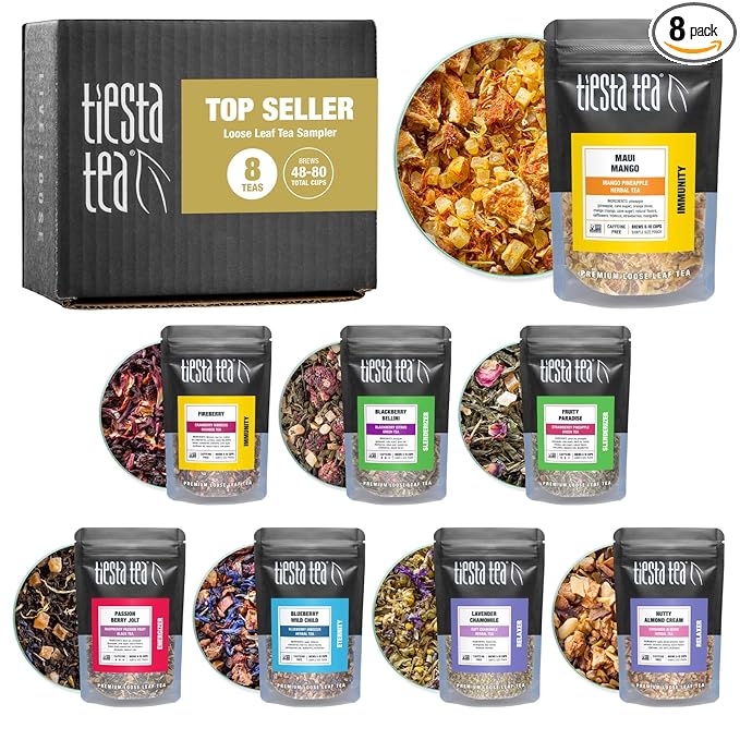 Tiesta Tea - Top 8 Favorites Sampler Set, Loose Leaf, Up to 80 Cups, High to No Caffeine, Hot & Iced, Tea Variety Pack with Green, Herbal, Black & Chai Brew, 8 Sample Pouches