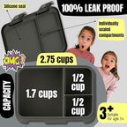 BEARFOOT Kids Lunch Box with Compartments – Compact & Lightweight | Leak-Proof, BPA-Free, Dishwasher & Microwave Safe | Hand-Drawn Design for Preschool, School, Travel (Dinos Black, 2.75 Cups)