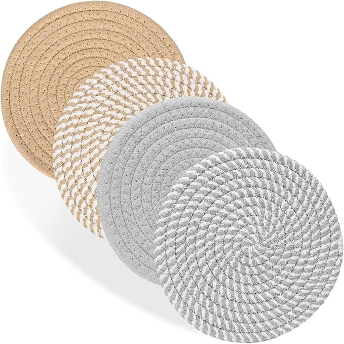 Billbotk 7" Trivets for Dishes, Pots and Pans, 4 Heat Resistant Hot Pads, Pot Holders for Kitchen, Plate Mats for Kitchen Decor (Gray & Brown)