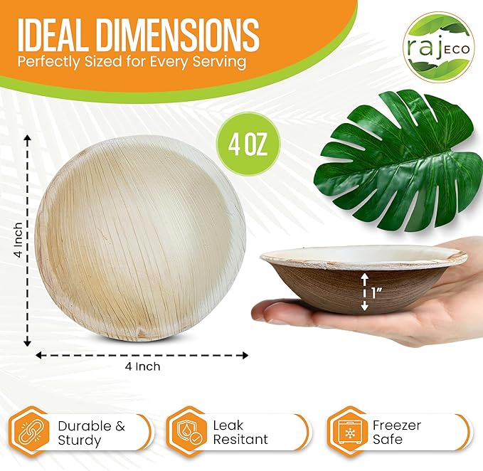 Raj Palm Leaf Bulk Bowls [50-Pack] 4" Round Bowls (10 CASES - 500 PACK) like Bamboo bowls Disposable, Strong, Decorative Compostable Tableware for weddings, Birthday, Camping, Outdoor