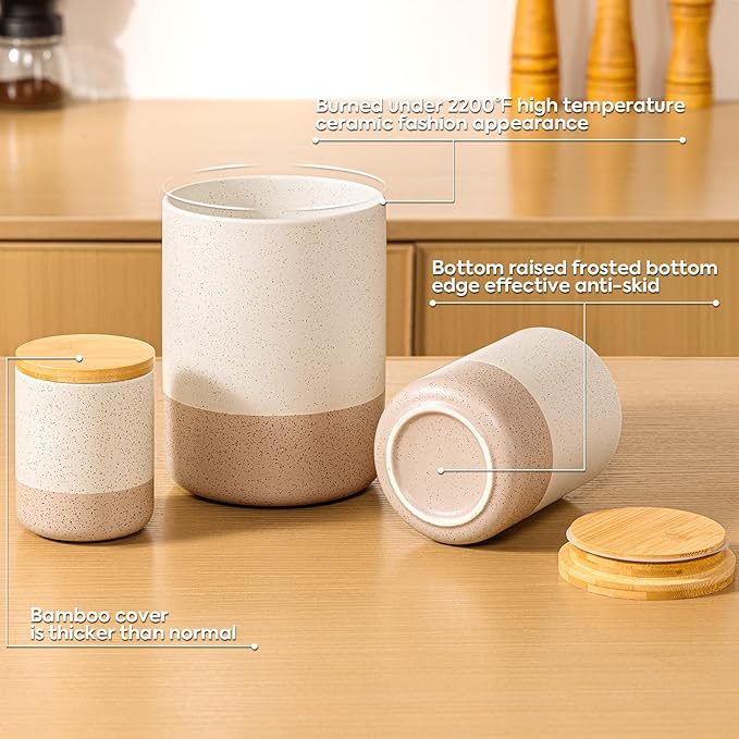 Yangbaga Canister Sets for Kitchen Counter, 80/40/20 OZ Large Ceramic Food Storage Jars with Airtight Wood Lids, Large Kitchen Canisters for Coffee, Sugar, Tea, Flour, Spice