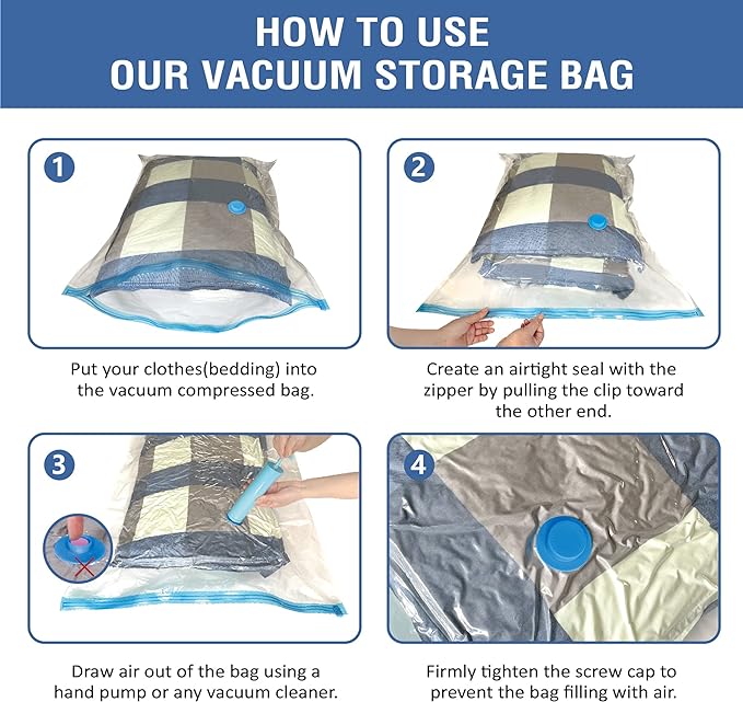 8 Jumbo Vacuum Storage Bags, Space Saver Bags Compression Storage Bags for Comforters and Blankets, Vacuum Sealer Bags for Clothes Storage, Hand Pump Included