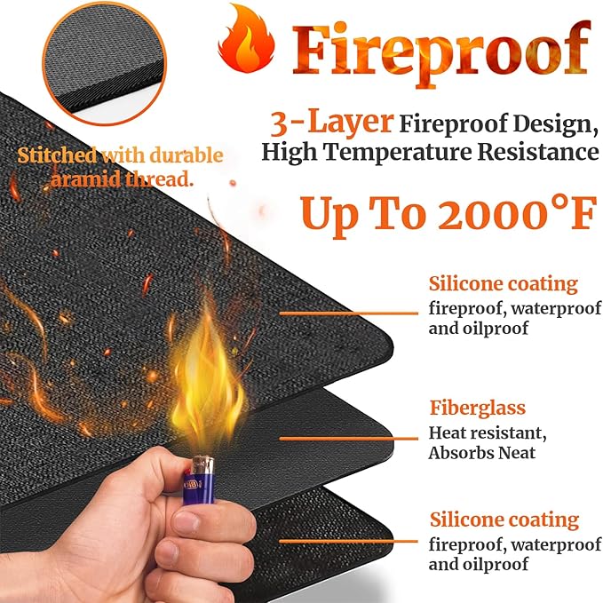 31 x 24 in Heat Resistant Grill Mats for Outdoor Grill to Protect Your Prep Table and Outdoor Grill Table, Fireproof Waterproof Oil-Proof BBQ Mat Grill Table Mat - Reusable Black (0.6mm)