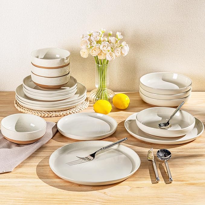 AmorArc Ceramic Dinnerware Sets with Pasta Bowls for 6, Handpainted Plates and Bowls Set with Rustic Terracotta Underside, Scratch Resistant Dishes Set, Dishwasher & Microwave Safe, 24 Pcs