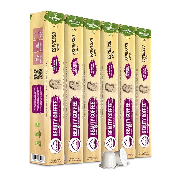 La Natura European-Style Beauty Coffee Pods - For Original Line Nespresso Machines - Espresso Roast with Biotin, Selenium, and Zinc for Healthy Hair, Skin, Nails - Pack of 60