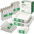 100% Compostable Paper Plates, and Biodegradable Set Includes Forks Spoons and Knives Perfect for Eco Friendly Parties and Gatherings（White 300pcs)