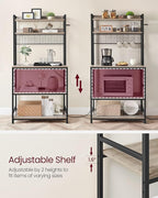 VASAGLE Hutch Bakers Rack with Power Outlet, 14 Hooks Microwave Stand, Adjustable Coffee Bar with Metal Wire Panel, Kitchen Storage Shelf, 15.7 x 31.5 x 66.9 Inches, Greige and Black UKKS025B02